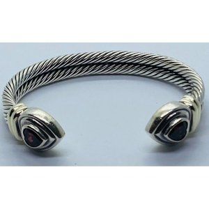 David Yurman 925 & 14KT Yellow Gold Double Cable Garnet Hearts Cuff Bracelet